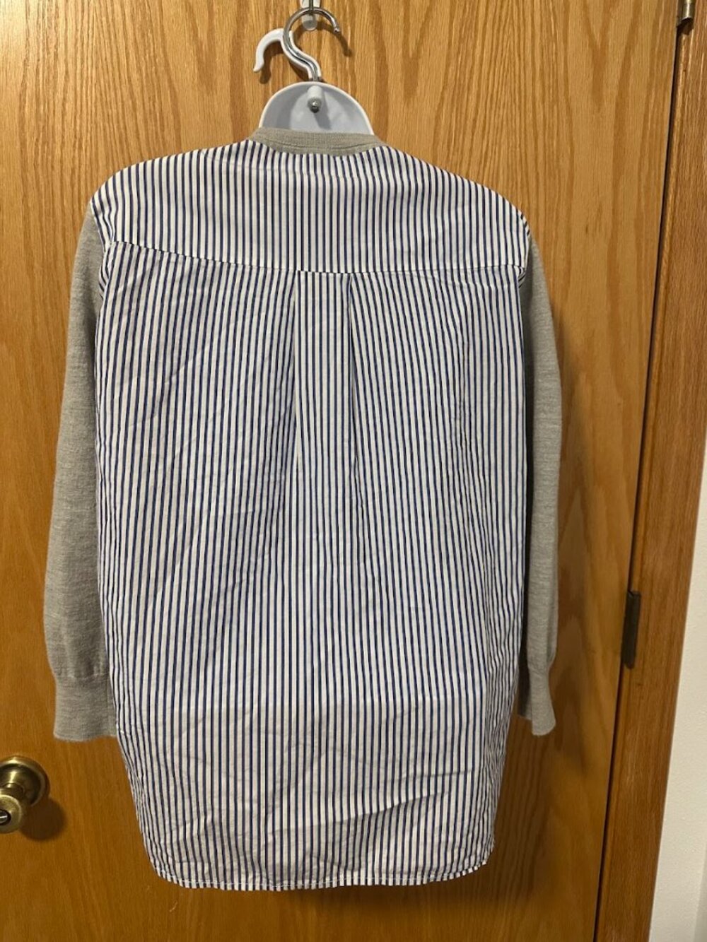 J. Crew Striped Wool/Cotton Mixed Media Crewneck Grey Sweater - Size Medium - Picture 4 of 8